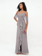 Spaghetti Straps Cloumn Dresses with Slit-Silver Plus Size
