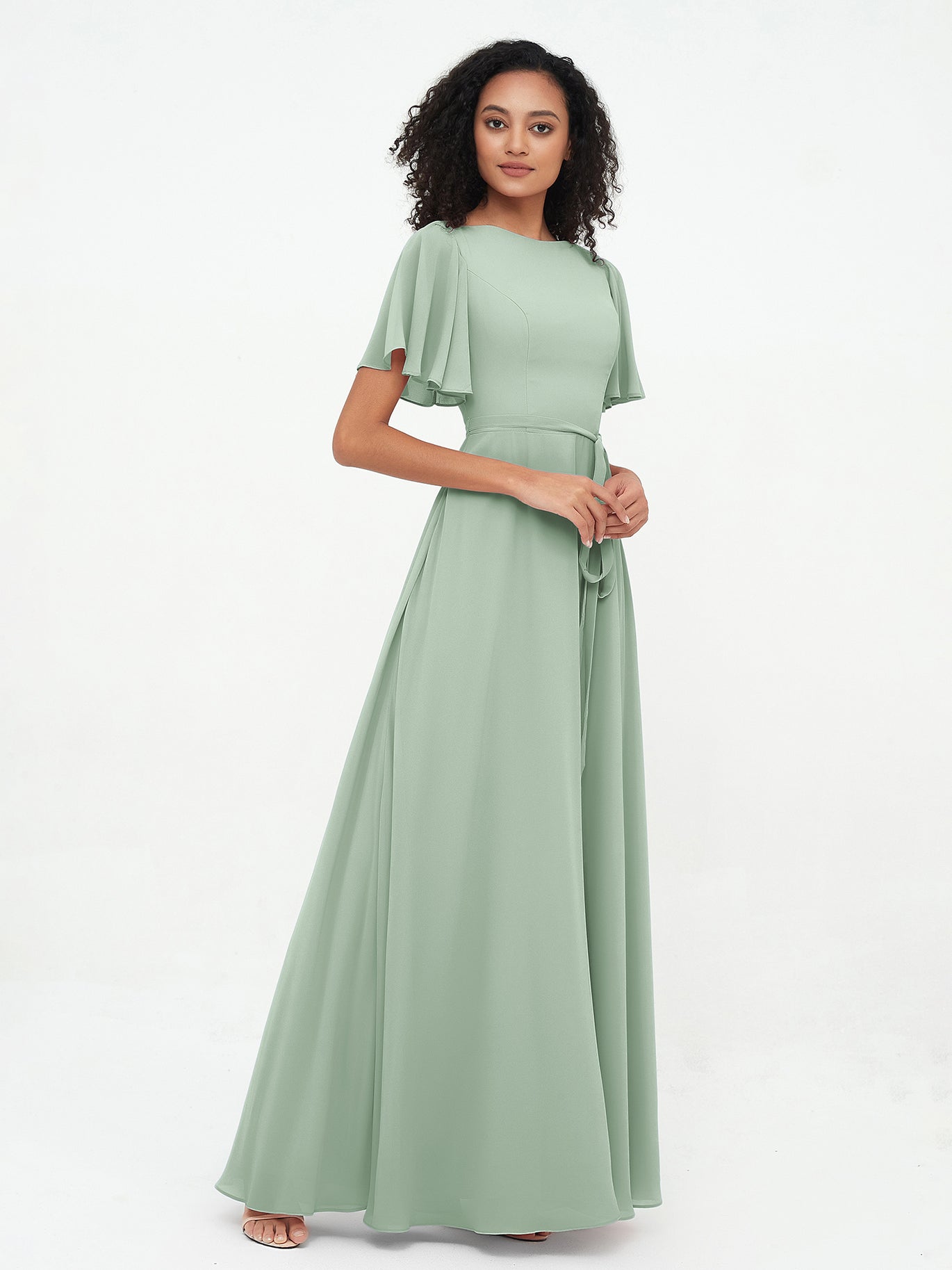 midi cocktail dresses with sleeves Ever-Pretty Elegant Pleated Chiffon Midi Semi Semi Formal Dress with Ruffled Sleeves Occasion Dress main image 0