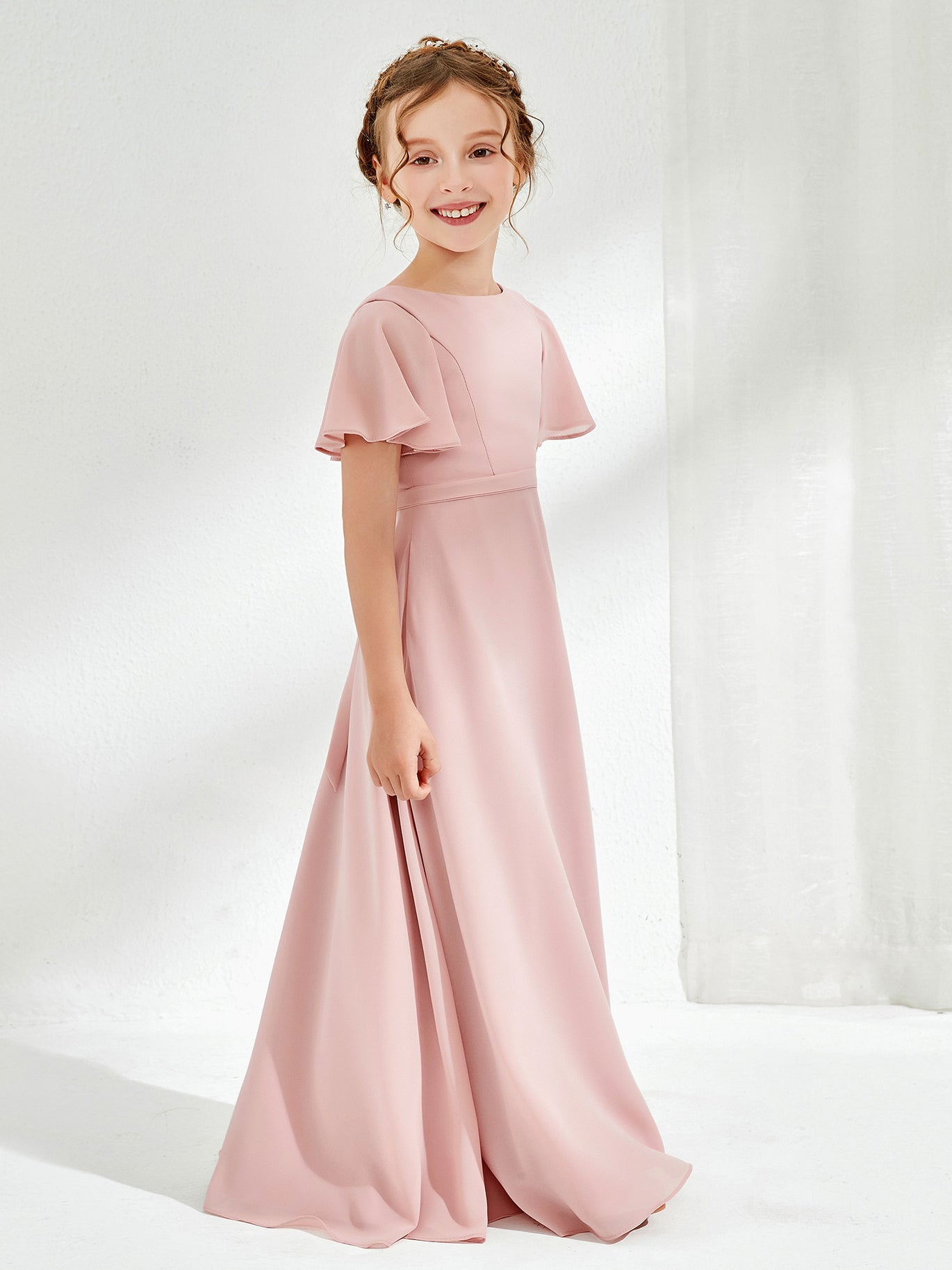 BABARONI Flutter Sleeves A-line Chiffon Junior Bridesmaid Dress Pearl Pink, Pearl Pink / J4