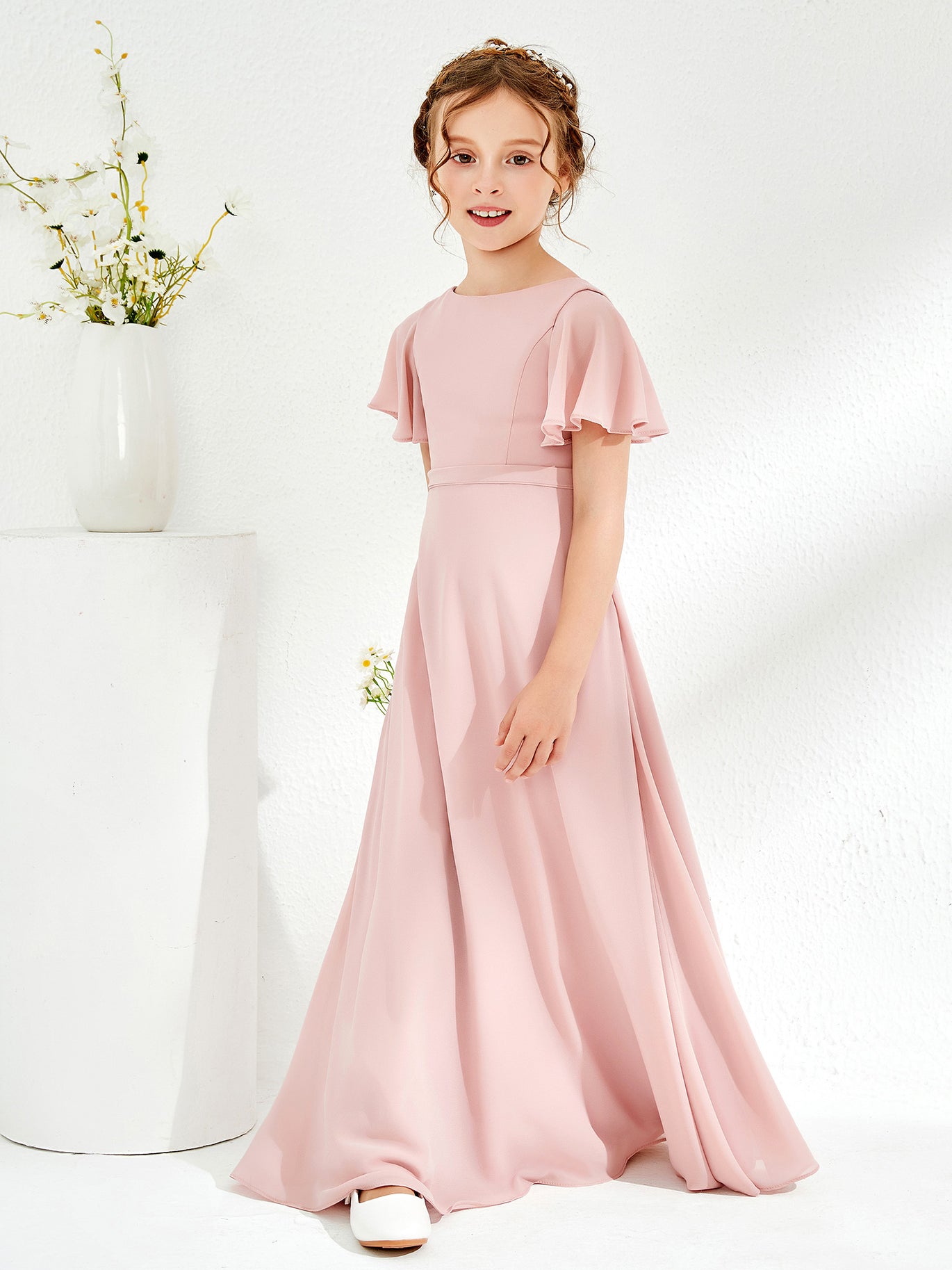 BABARONI Flutter Sleeves A-line Chiffon Junior Bridesmaid Dress Pearl Pink, Pearl Pink / J4 BABARONI Flutter Sleeves A-line Chiffon Junior Bridesmaid Dress Pearl Pink, Pearl Pink / J4