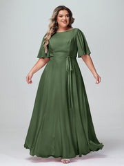Flutter Sleeves Chiffon Max Dresses with Sash Bow-Olive Green Plus Size
