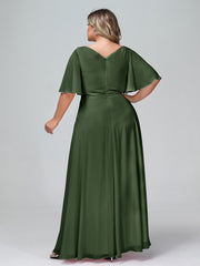 Flutter Sleeves Chiffon Max Dresses with Sash Bow-Olive Green Plus Size
