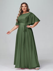 Flutter Sleeves Chiffon Max Dresses with Sash Bow-Olive Green Plus Size