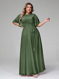 Flutter Sleeves Chiffon Max Dresses with Sash Bow-Olive Green Plus Size