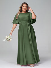 Flutter Sleeves Chiffon Max Dresses with Sash Bow-Olive Green Plus Size