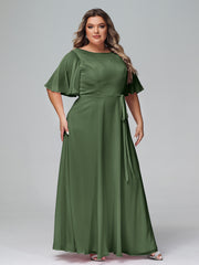 Flutter Sleeves Chiffon Max Dresses with Sash Bow-Olive Green Plus Size