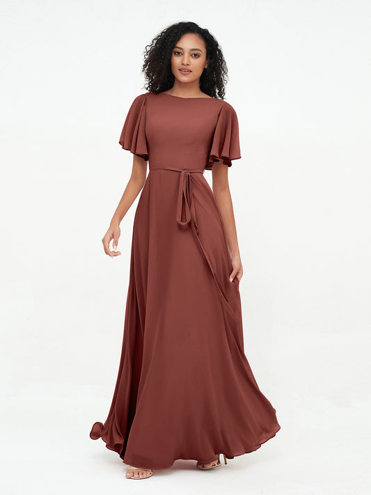 Flutter Sleeves Chiffon Max Dresses with Sash Bow-Terracotta