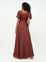 Flutter Sleeves Chiffon Max Dresses with Sash Bow-Terracotta