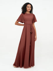 Flutter Sleeves Chiffon Max Dresses with Sash Bow-Terracotta