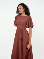 Flutter Sleeves Chiffon Max Dresses with Sash Bow-Terracotta