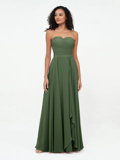 Strapless Sweetheart Neck Chiffon Long Dresses-Olive Green