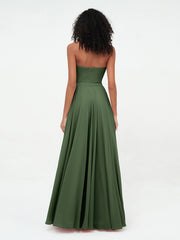 Strapless Sweetheart Neck Chiffon Long Dresses-Olive Green