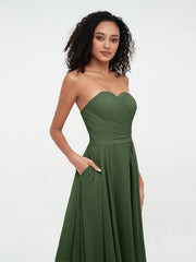 Strapless Sweetheart Neck Chiffon Long Dresses-Olive Green