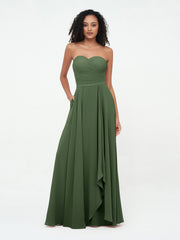 Strapless Sweetheart Neck Chiffon Long Dresses-Olive Green