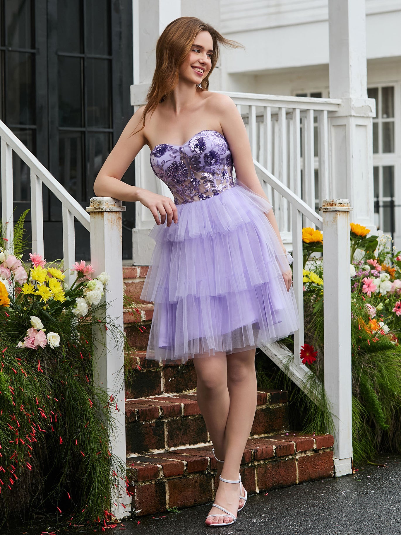 Sweetheart Applique Corset Tiered Chiffon Dress Lilac