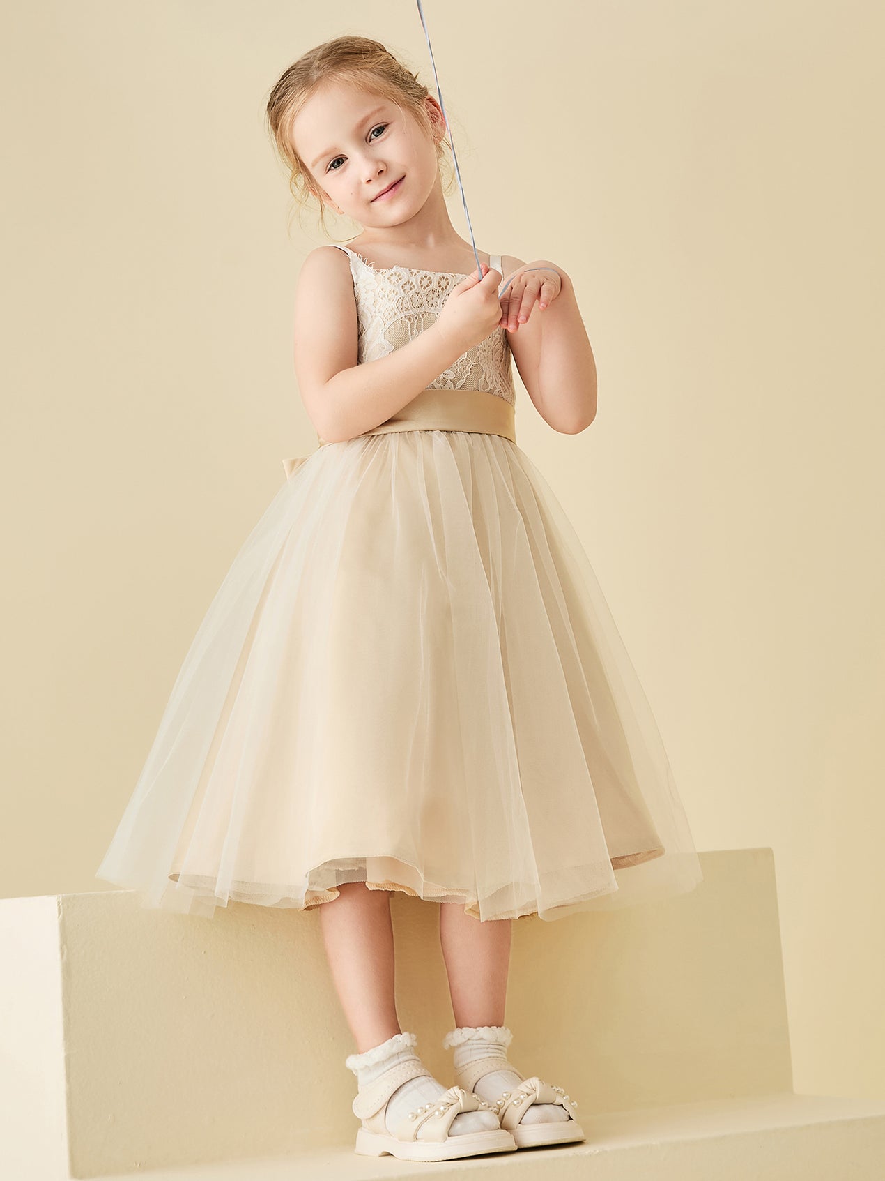 Natilene Girls Floral Embroidered Tie-Up Detail Gathered A-Line Dress main image 0
