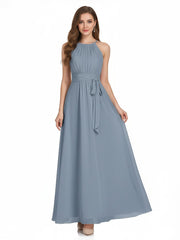 Halter Chiffon Bridesmaid Dresses with Bow Sash-Dusty Blue Plus Size