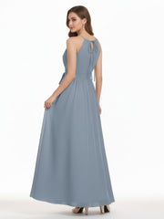 Halter Chiffon Bridesmaid Dresses with Bow Sash-Dusty Blue Plus Size
