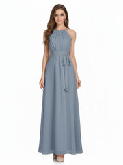 Halter Chiffon Bridesmaid Dresses with Bow Sash-Dusty Blue Plus Size