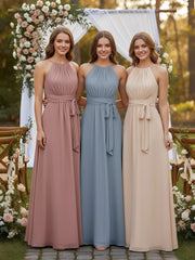 Halter Chiffon Bridesmaid Dresses with Bow Sash-Dusty Blue Plus Size