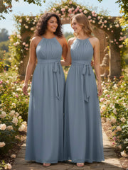 Halter Chiffon Bridesmaid Dresses with Bow Sash-Dusty Blue Plus Size