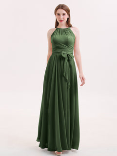 Halter Chiffon Bridesmaid Dresses with Bow Sash-Olive Green