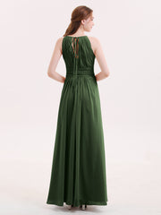 Halter Chiffon Bridesmaid Dresses with Bow Sash-Olive Green
