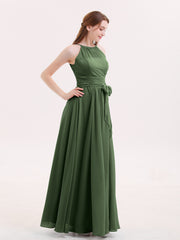 Halter Chiffon Bridesmaid Dresses with Bow Sash-Olive Green