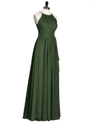 Halter Chiffon Bridesmaid Dresses with Bow Sash-Olive Green