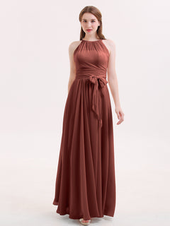 Halter Chiffon Bridesmaid Dresses with Bow Sash-Terracotta