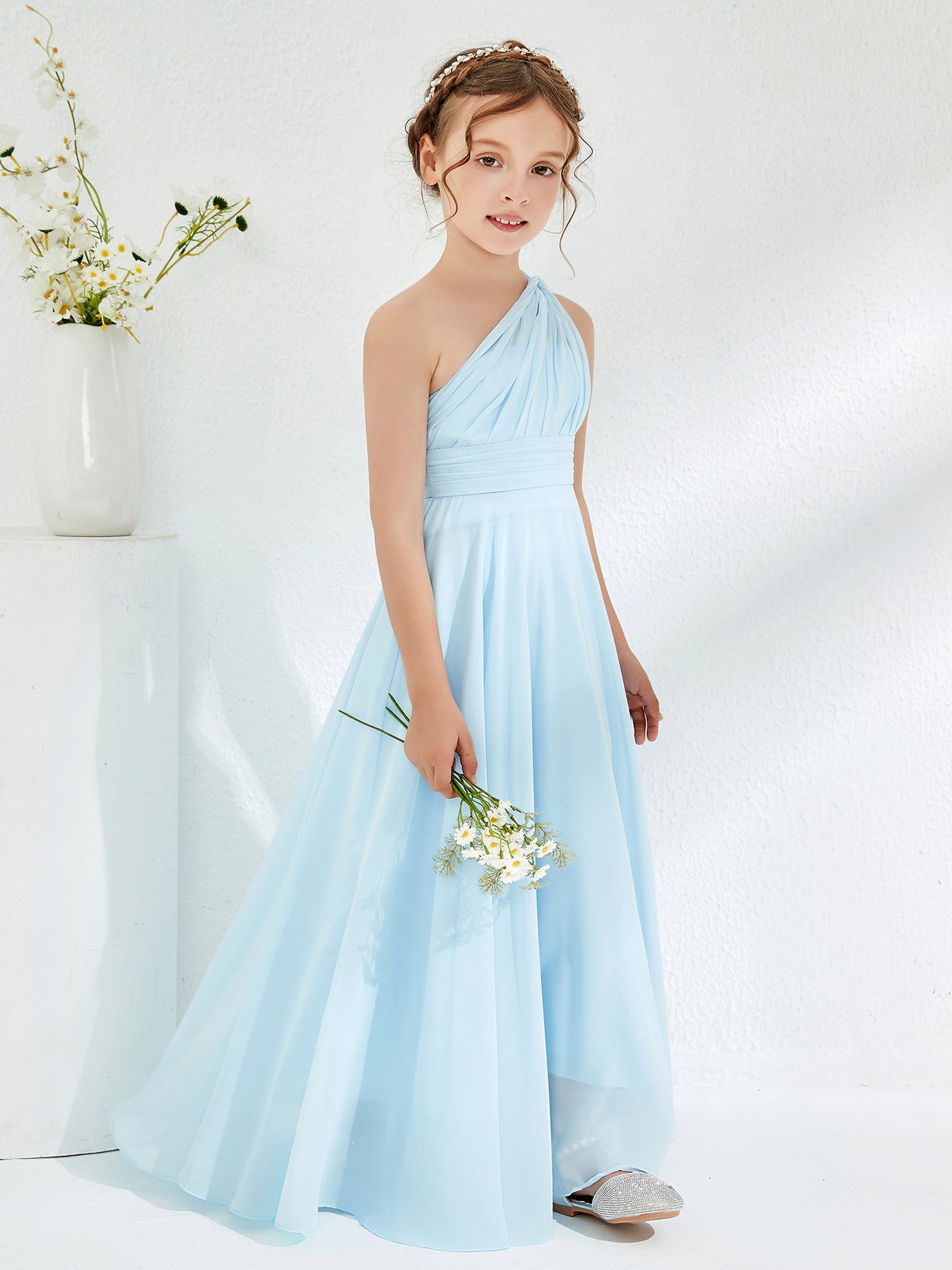 BABARONI Chiffon Mist Junior Bridesmaid Dresses A-line One Shoulder Sleeveless Ruched Floor-length, Mist / J4