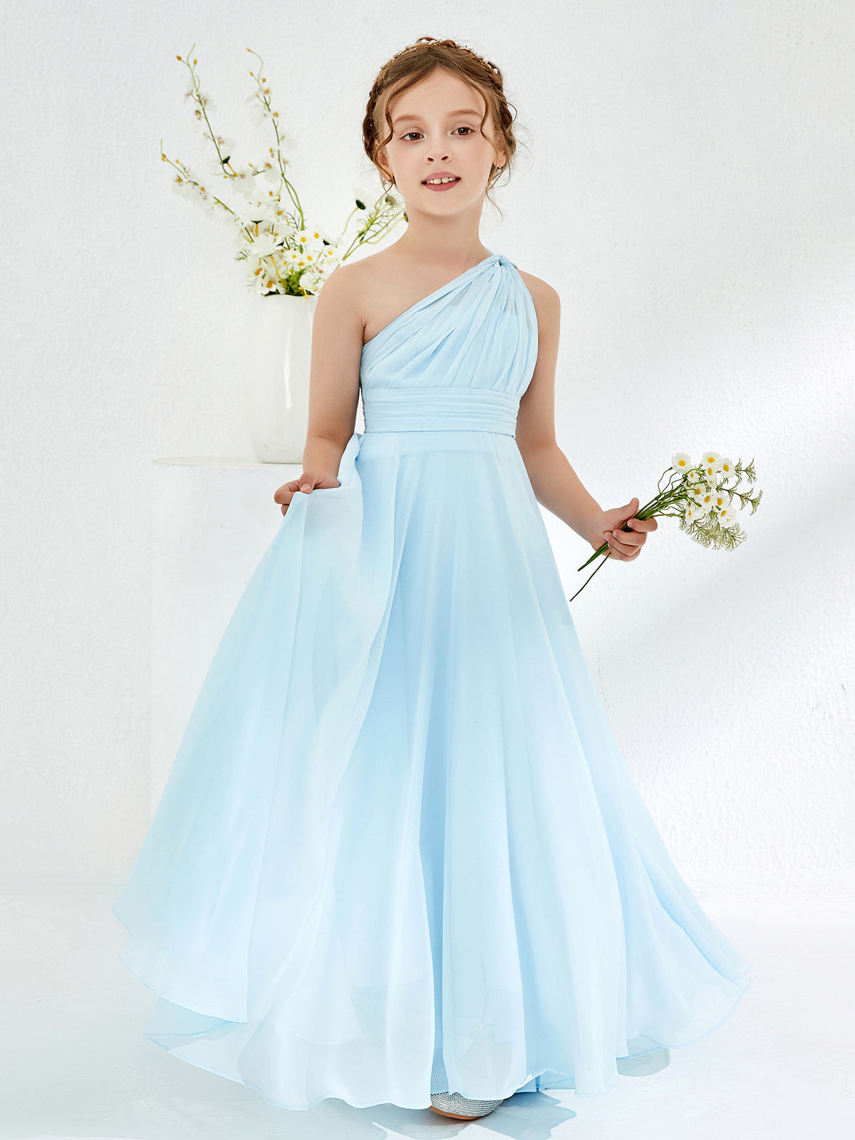 BABARONI Chiffon Sky Blue Junior Bridesmaid Dresses A-line One Shoulder Sleeveless Ruched Floor-length Gown for Children