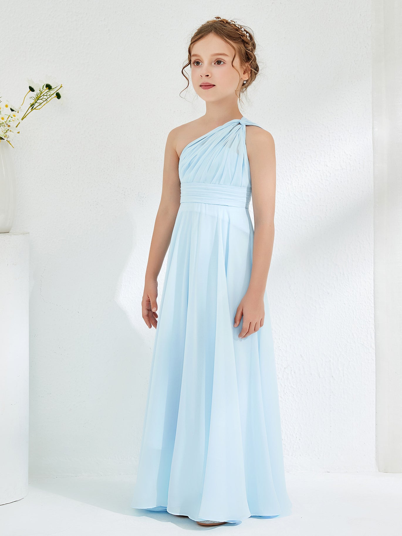 BABARONI Cute One Shoulder A-Line Junior Bridesmaid Dresses Sky Blue, Sky Blue / J4