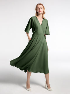 V-neck Half Sleeves Tea Length Chiffon Dress-Olive Green