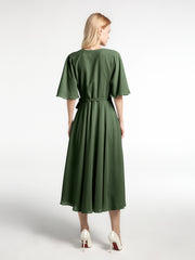 V-neck Half Sleeves Tea Length Chiffon Dress-Olive Green