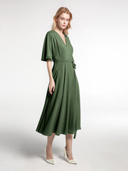 V-neck Half Sleeves Tea Length Chiffon Dress-Olive Green