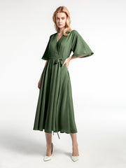 V-neck Half Sleeves Tea Length Chiffon Dress-Olive Green