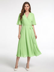 V-neck Half Sleeves Tea Length Chiffon Dress-Sage