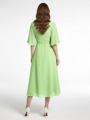 V-neck Half Sleeves Tea Length Chiffon Dress-Sage
