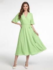 V-neck Half Sleeves Tea Length Chiffon Dress-Sage