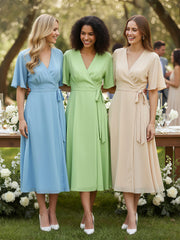 V-neck Half Sleeves Tea Length Chiffon Dress-Sage