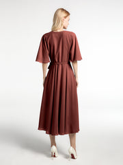 V-neck Half Sleeves Tea Length Chiffon Dress-Terracotta