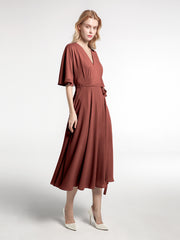 V-neck Half Sleeves Tea Length Chiffon Dress-Terracotta