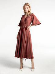 V-neck Half Sleeves Tea Length Chiffon Dress-Terracotta