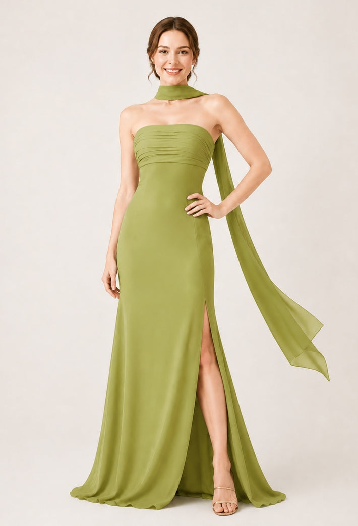 BABARONI Acetate Satin Olive Green Bridesmaid Dresses Strapless Sweep/Brush Train Sleeveless with Slit Mermaid