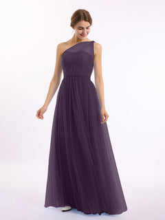 One Shoulder Mesh Wedding Party Bridesmaid Gown Plum