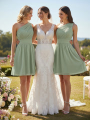 Single Shoulder Knee length Chiffon Dresses Dusty Sage