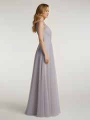 Illusion V-neck Tulle Long Dresses-Dusk