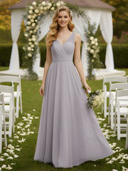 Illusion V-neck Tulle Long Dresses-Dusk