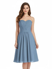 Sweetheart Neck Knee Length Chiffon Bridesmaid Gown-Dusty Blue